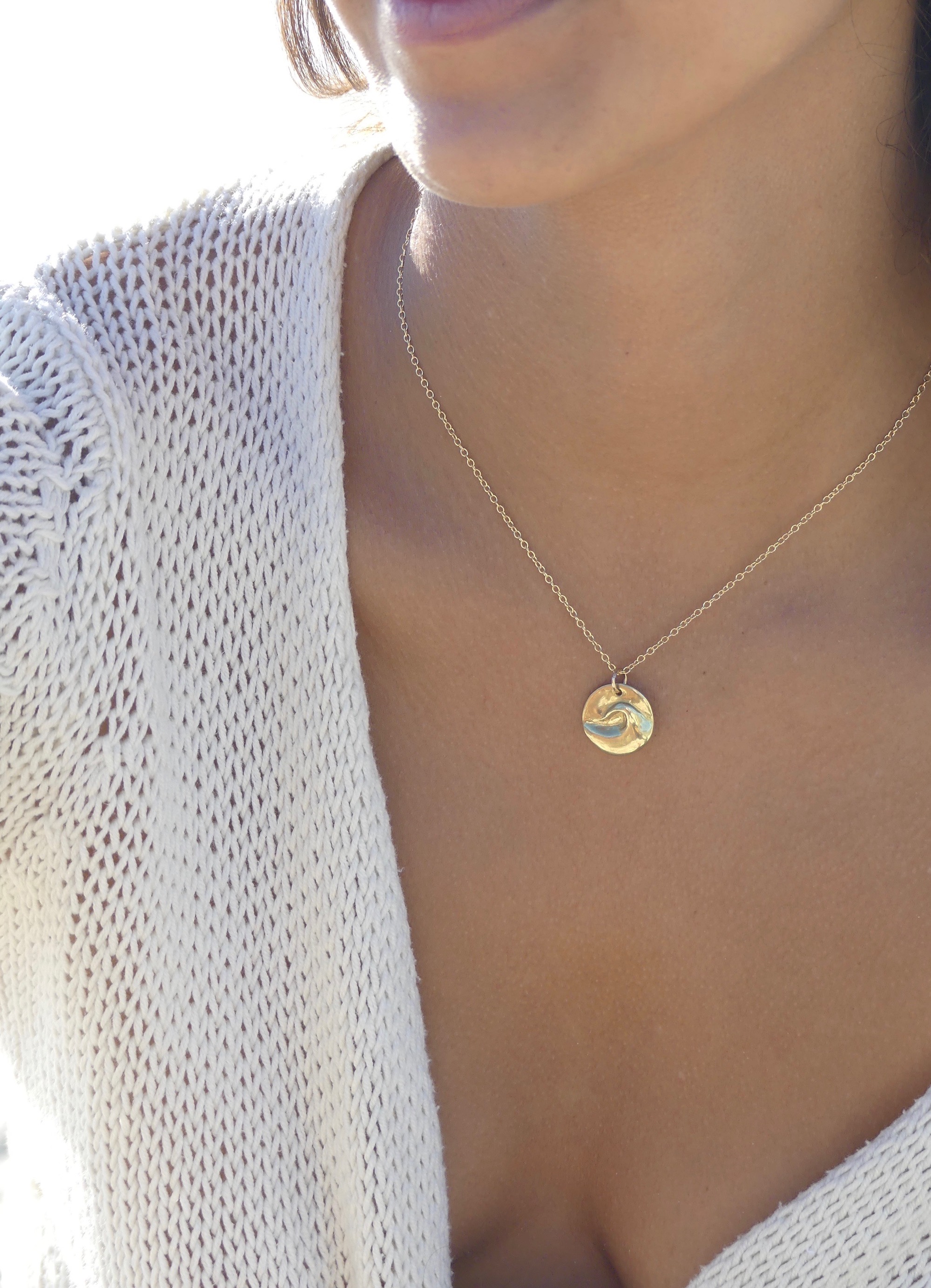 Model wears pendant on 40 cm 14k gold fill chain