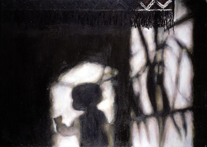 Interior with moroccan wall carpet Oil on panel 50 x 70 cm 2002