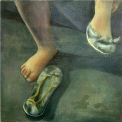   Interior with green shoes  Oil on camouflage canvas 30x30 cm 2006 