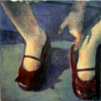   Interior with red shoes  Oil on patterned canvas 24x24 cm 2006 