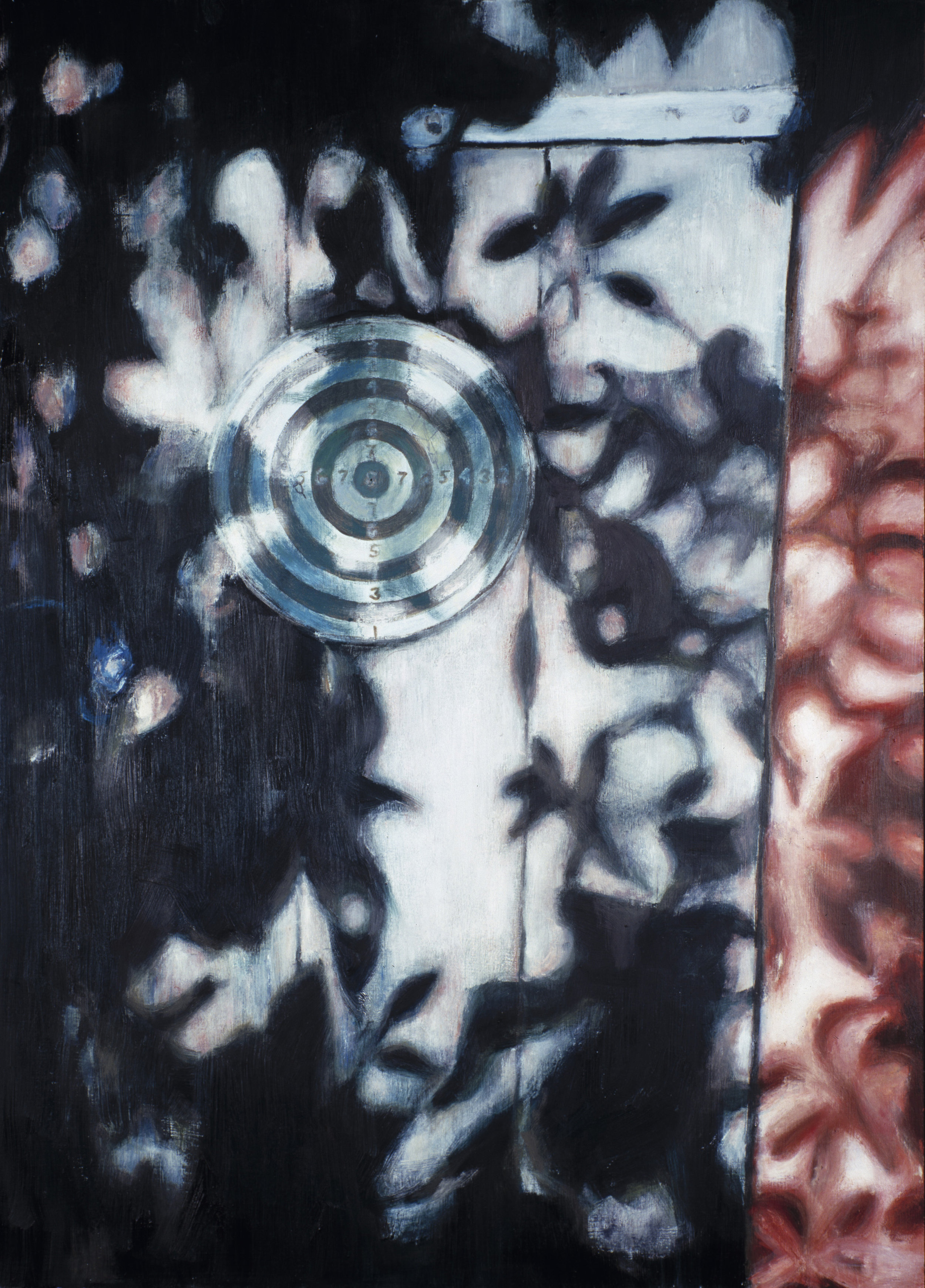   Eterior with dartboard  Oil on board 70 x 50 cm, 2002    