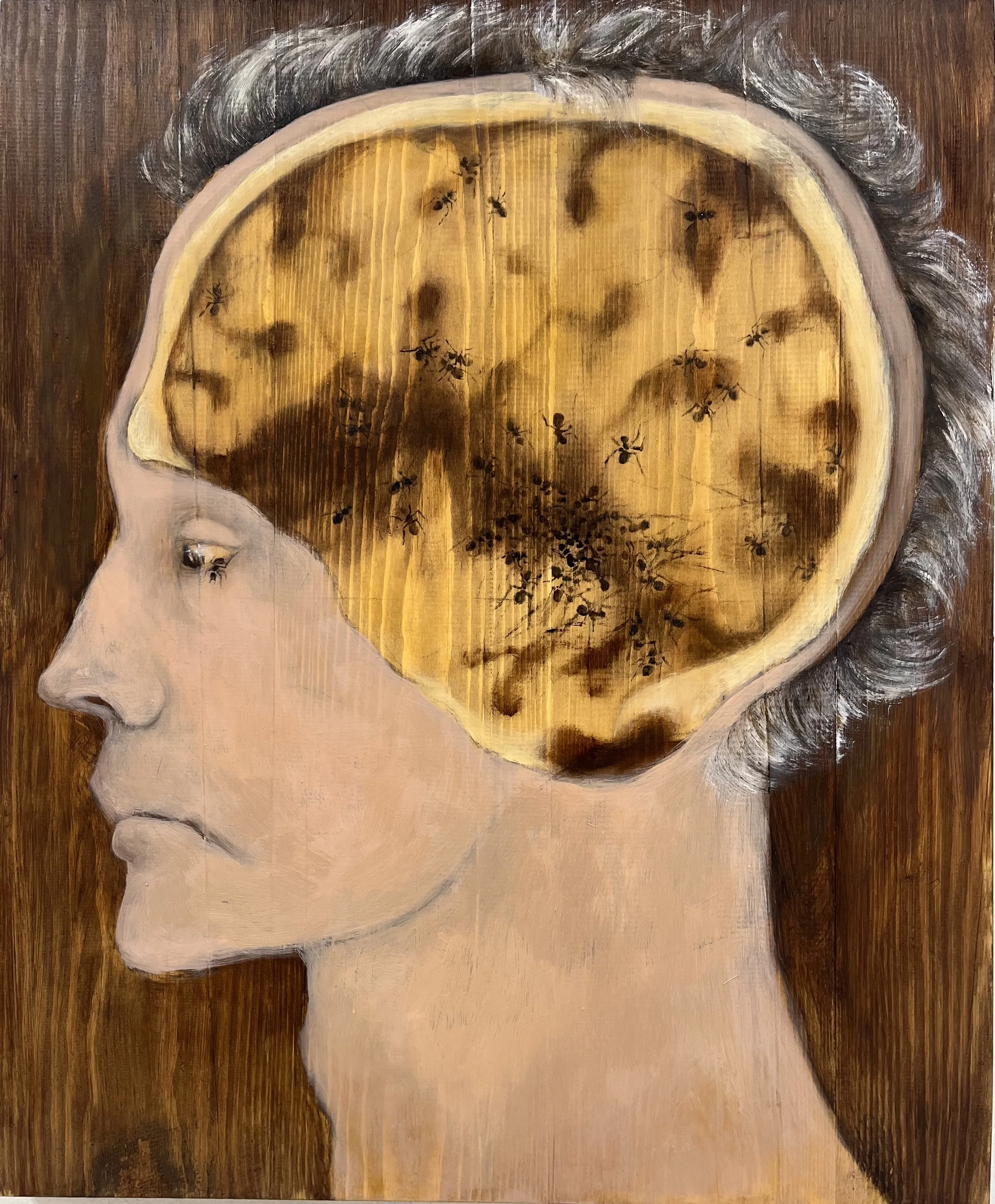   From the series infested   2025 Oil on wood  61 x 50 cm 