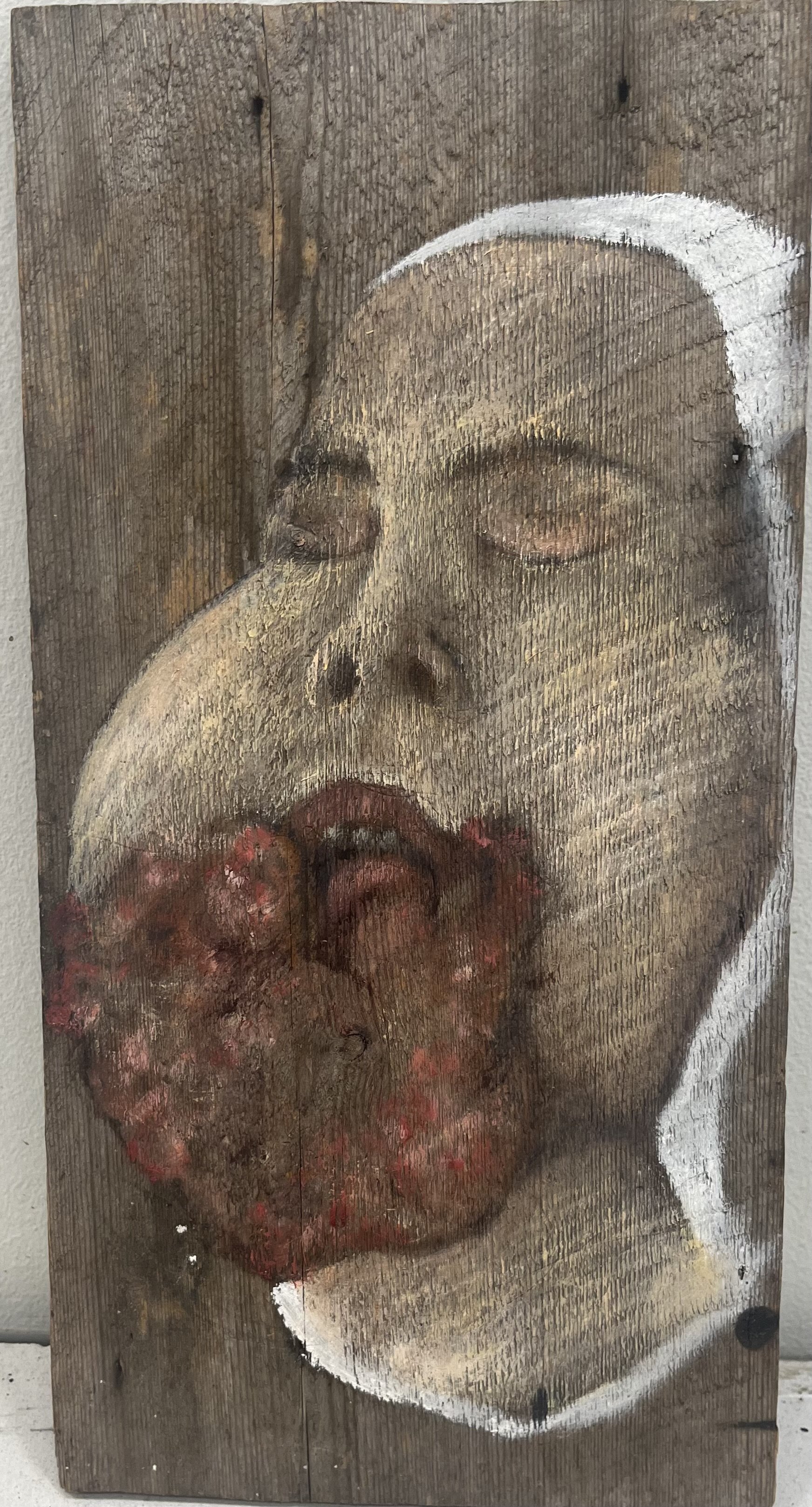   From the series infested   2024 Oil on found wood  ca 38 x 19 cm  