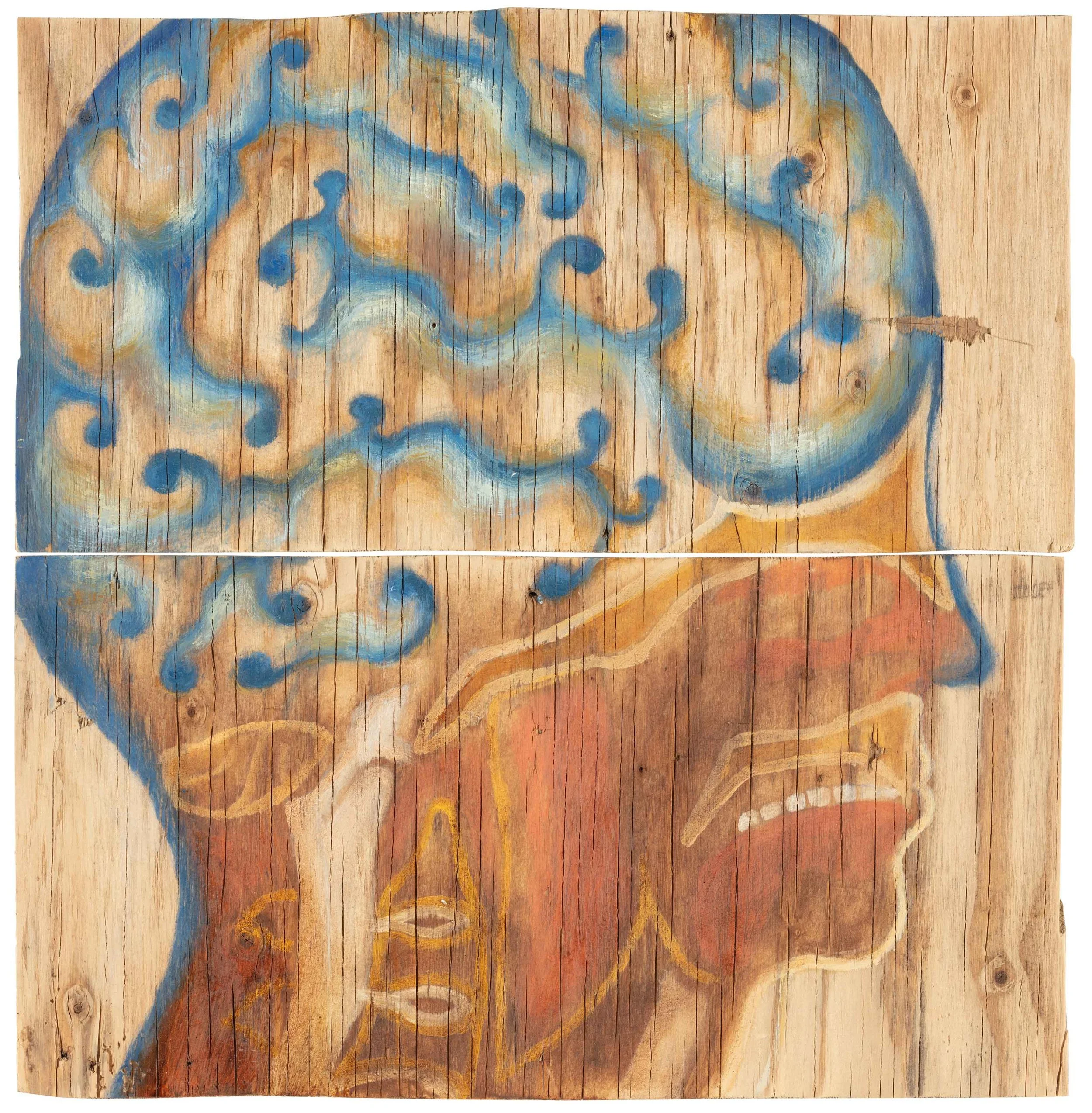   Brainstorm   2024 Oil on found wooden panel in two parts  ca 40x39 cm 