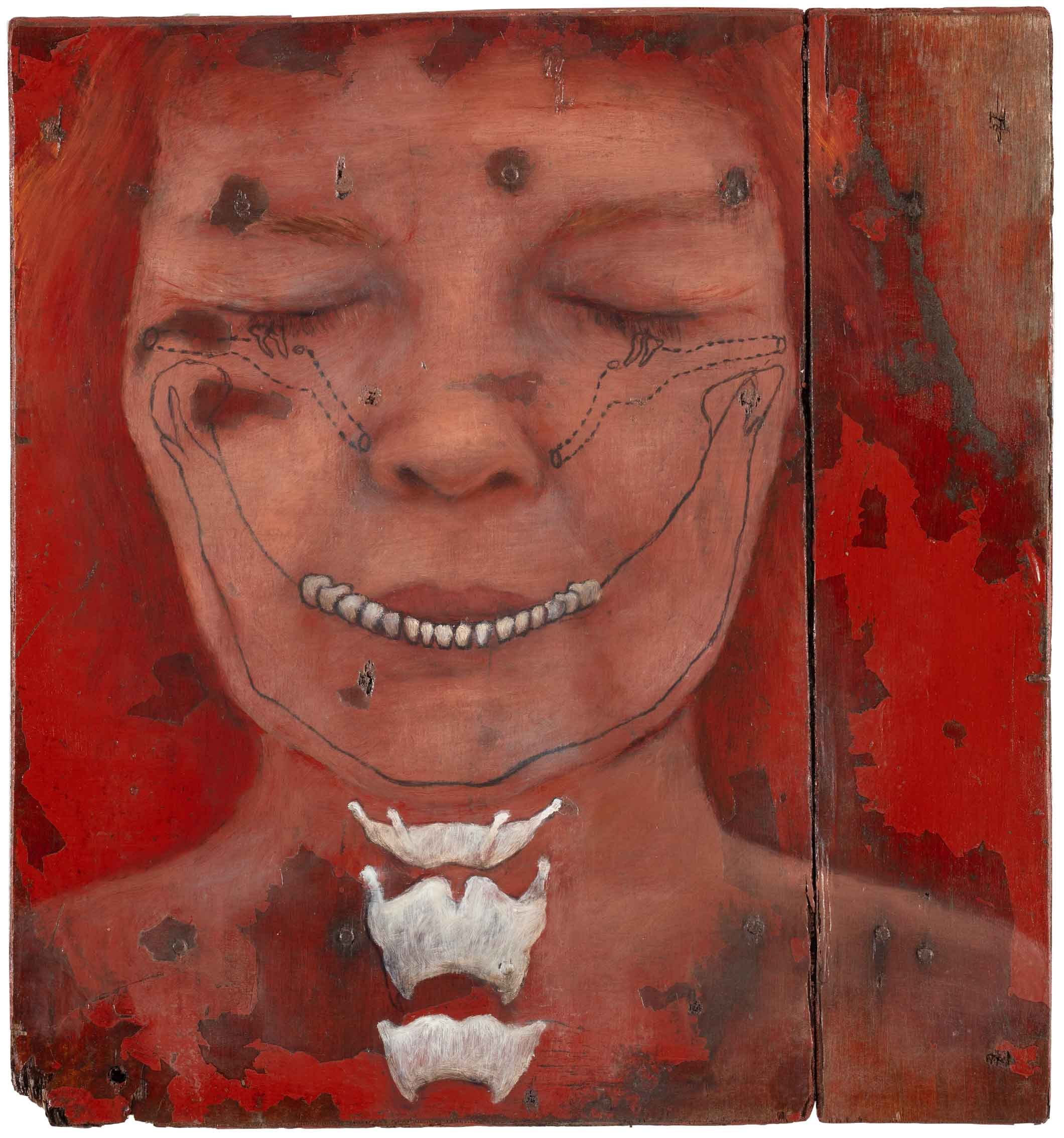   From the series infested   2024 Oil on found wood 42 × 39 cm 