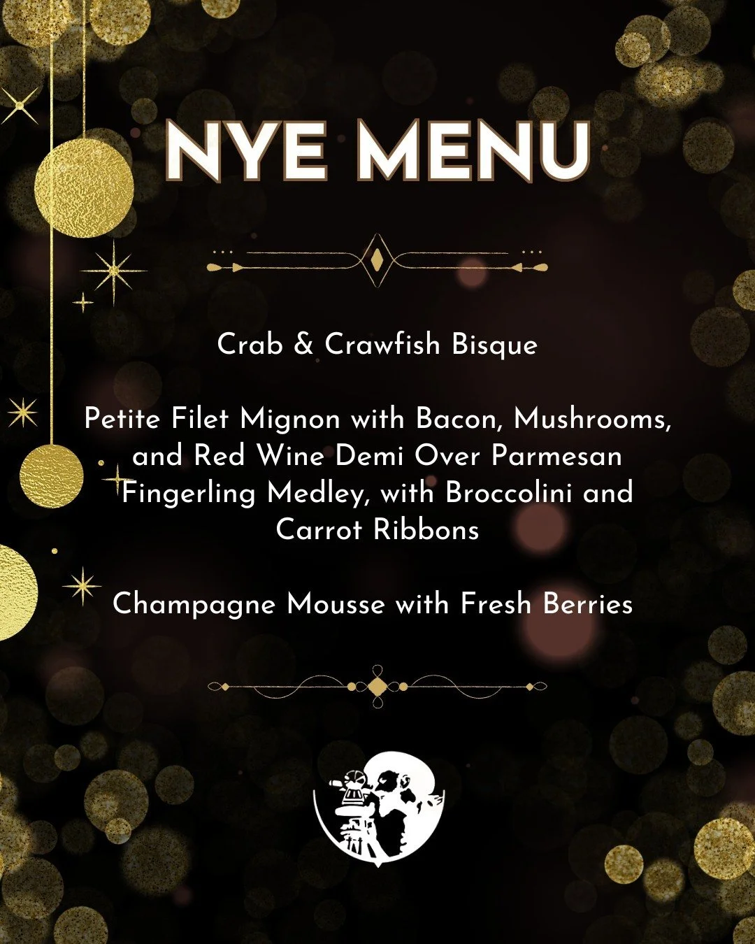 ICYMI 👀 Reservations are open for Chef&rsquo;s New Year&rsquo;s Eve dinner at the Pub. We&rsquo;re serving a three-course menu to close out the year right for $65 per person:

1️⃣ Crab &amp; crawfish bisque
2️⃣ Petite filet mignon with bacon, mushro