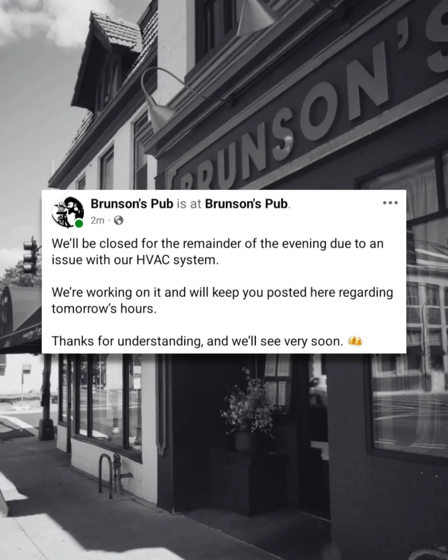 We&rsquo;ll be closed for the remainder of the evening due to an issue with our HVAC system.

We&rsquo;re working on it and will keep you posted here regarding tomorrow&rsquo;s hours.

Thanks for understanding, and we&rsquo;ll see very soon. 🍻