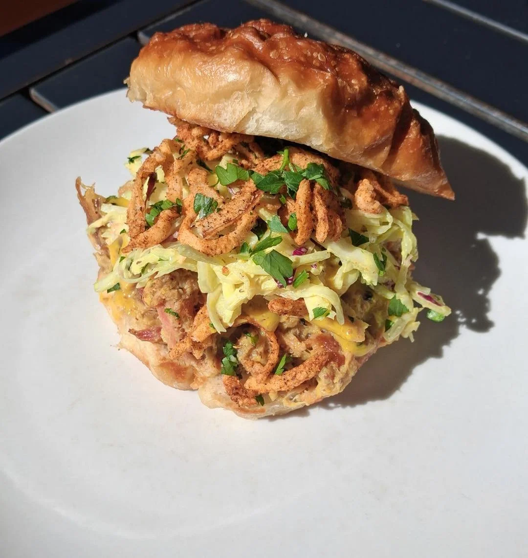 Another week of enjoying the Carolina Gold BBQ Samdwich. 
60/40 BBQ roasted pork and pulled bacon tossed in Carolina gold BBQ sauce topped with Goldslaw and voo dous seasoned onion strings. $18 available 9/16-9/22

Our Wing flavor today is Vous Doo d