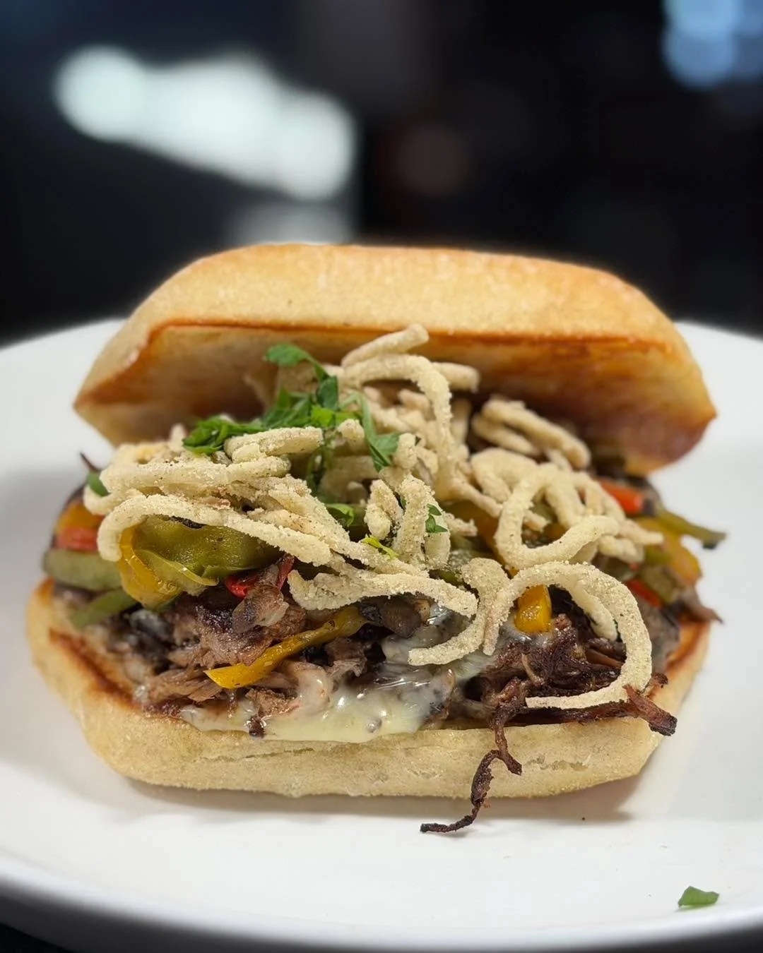Special this week is a Braised Beef, Pepper, &amp; Mushroom Sandwich
Braised beef, saut&eacute;ed bell pepper medley, herb mushrooms, jalape&ntilde;o American cheese, crispy jalape&ntilde;o cheddar shallots, on toasted telera with black pepper &amp; 