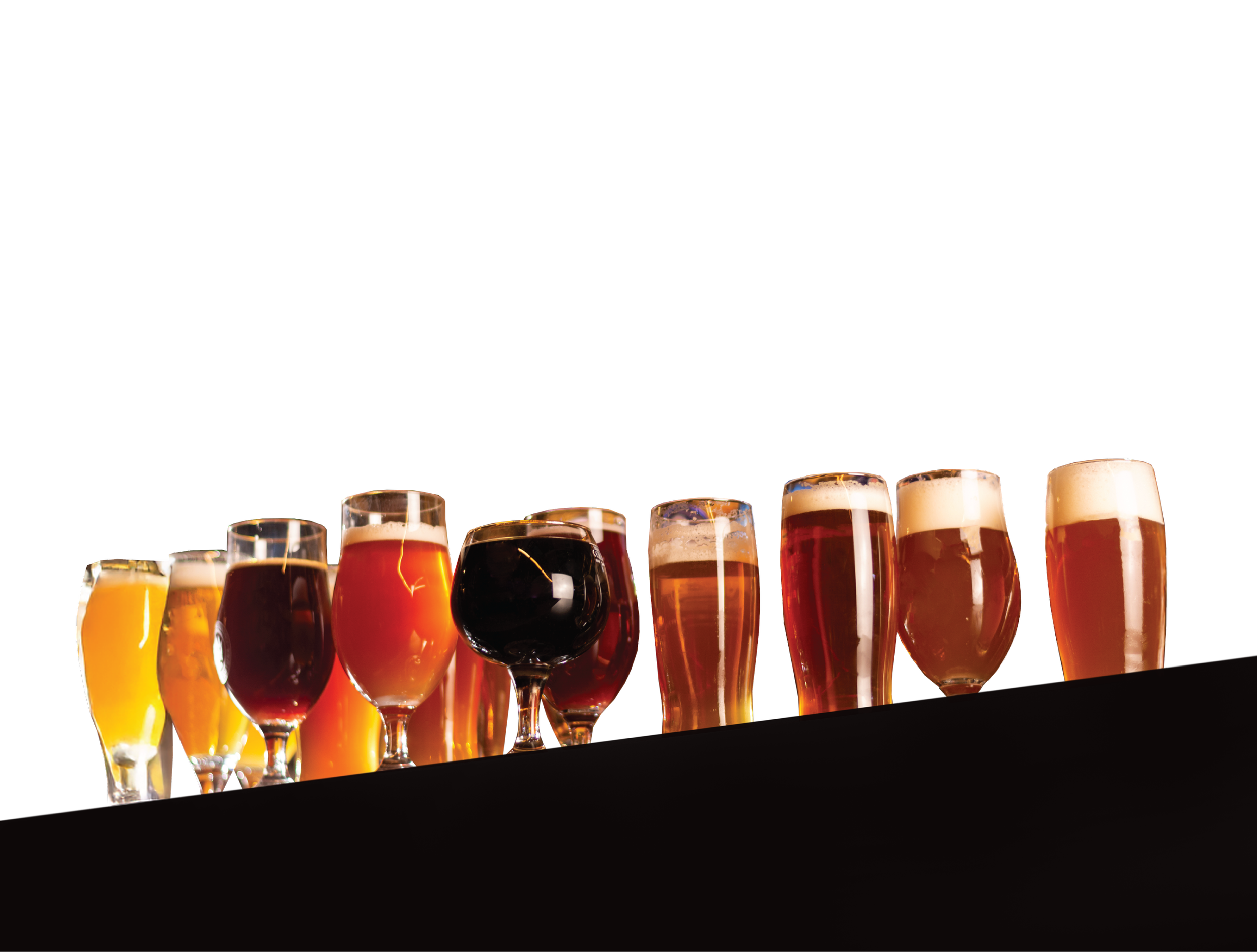 A row of various beer glasses filled with different types and colors of beer, arranged on a black surface against a black background.