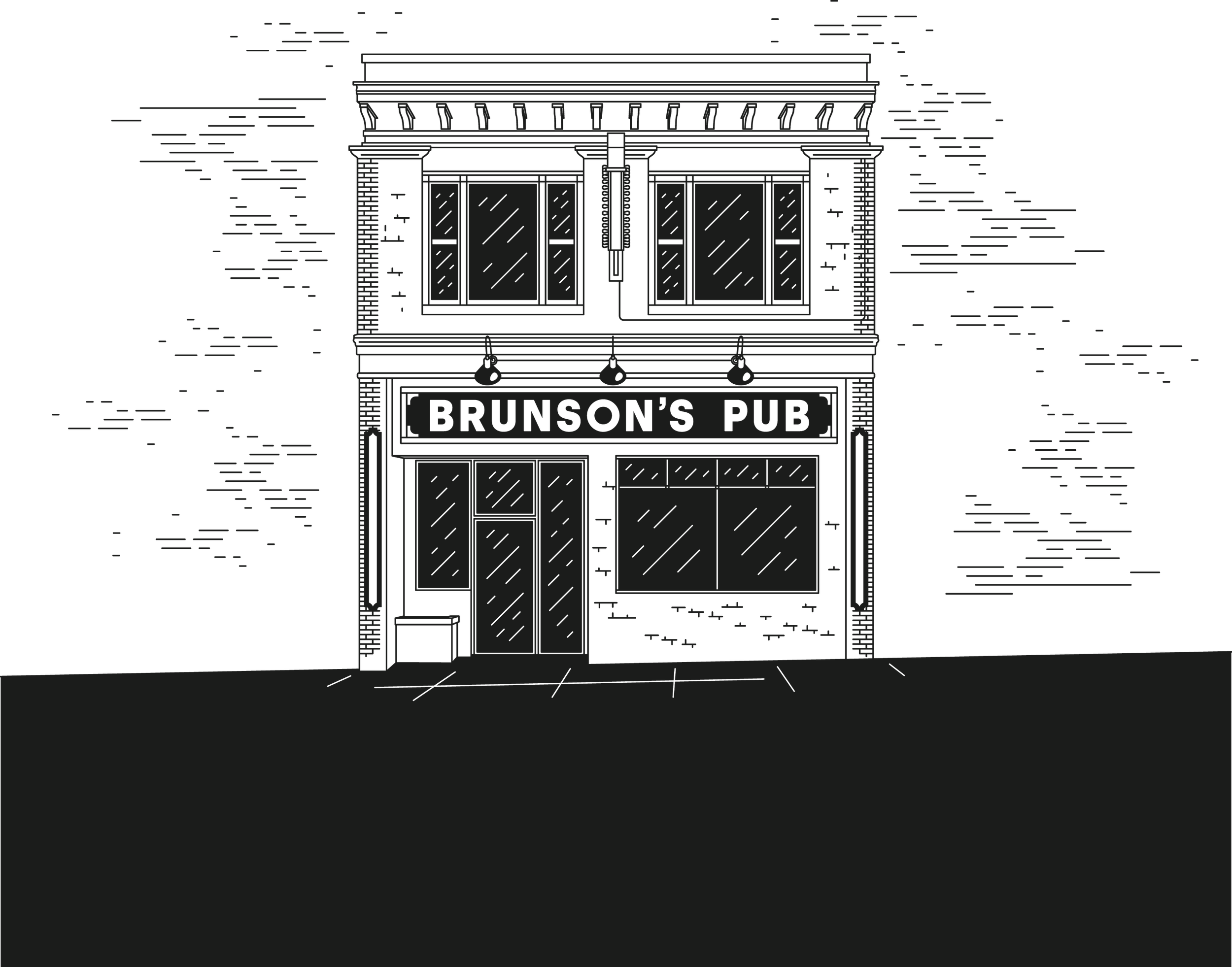 Black and white line drawing of a two-story pub building with a sign that reads 'Brunson's Pub' above the entrance.