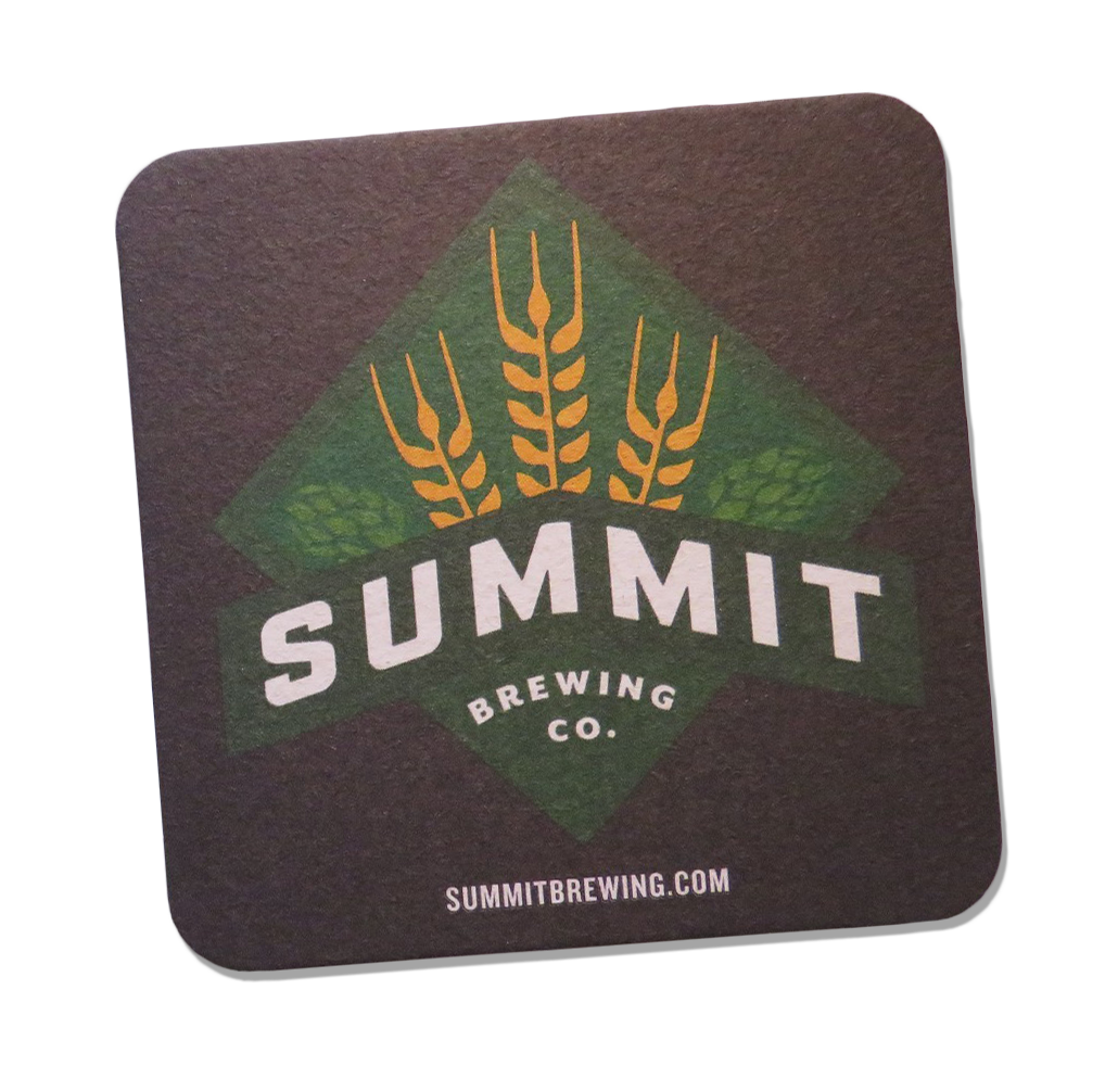 A coaster featuring the logo of Summit Brewing Co., which includes three wheat stalks over a green diamond shape, with the company name and website at the bottom.