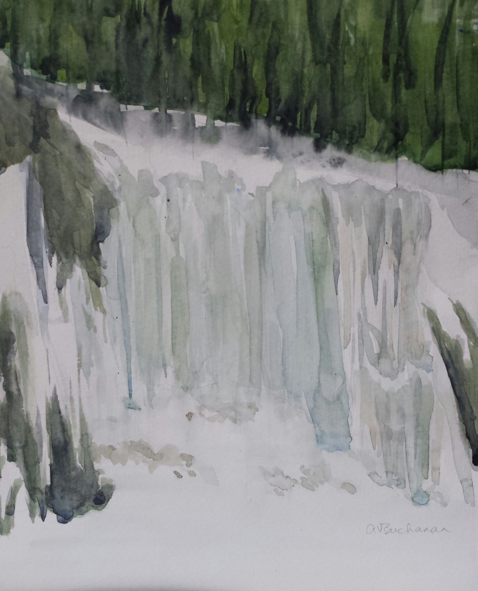 Vermont Waterfall in Winter, 2015, watercolor.