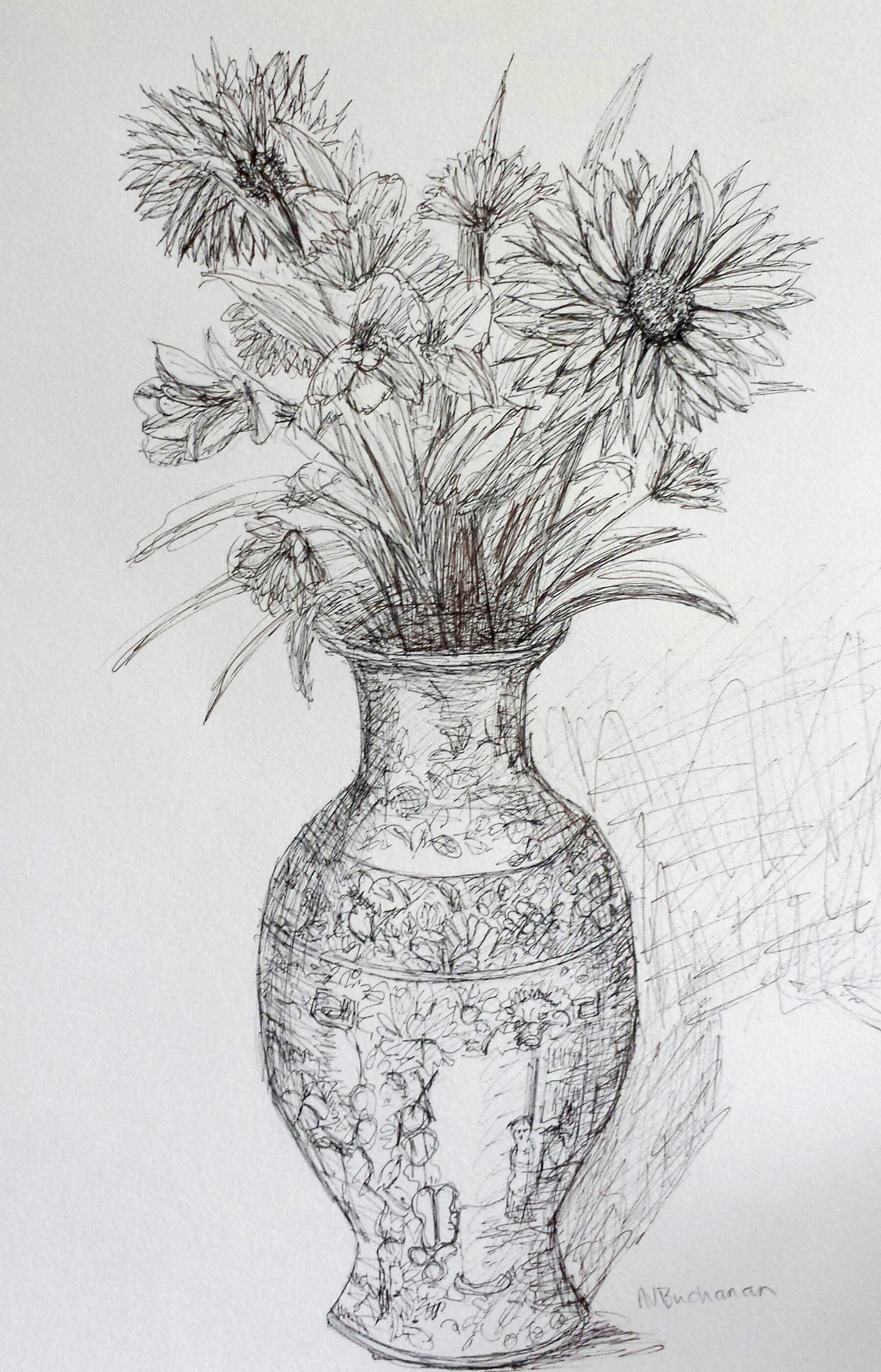 Vase of Flowers, pen and ink, 9 in x 12 in, 2016.