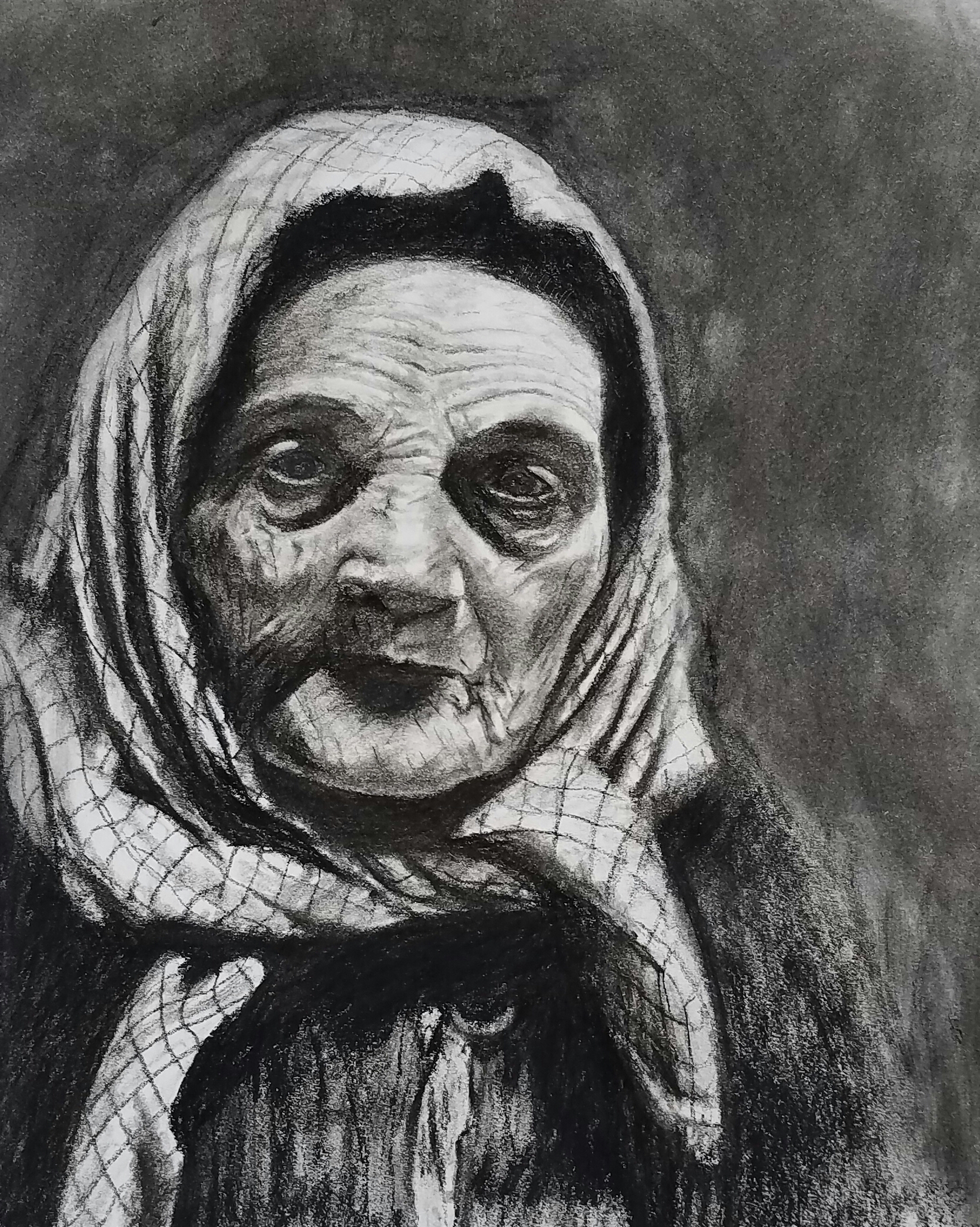 "Italian Grandmother" at Ellis Island, 1926, from a photo by Lewis Hine; charcoal; 2017