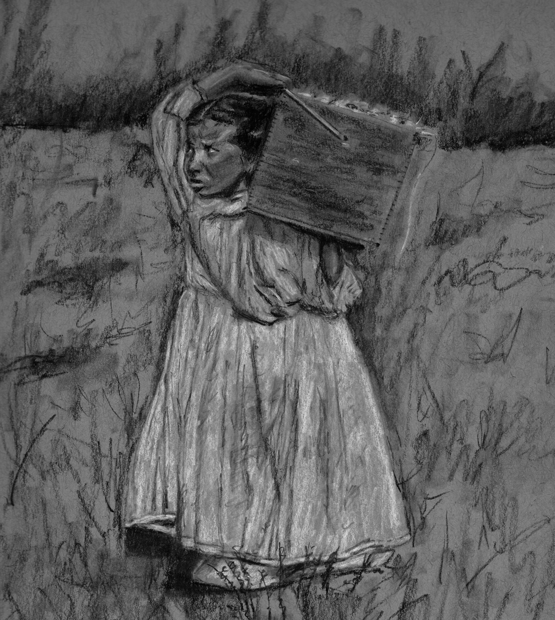 8 year old cranberry picker, 1910; charcoal on toned paper; 2017