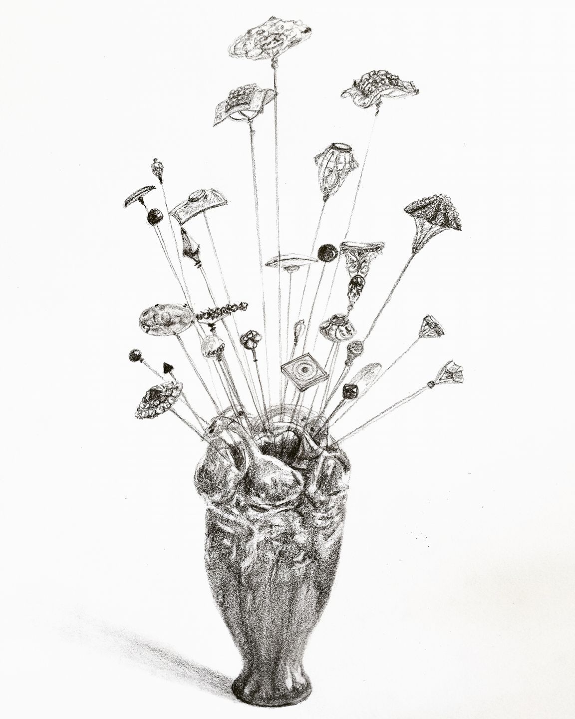 Hat pins in duck vase; graphite; 2017