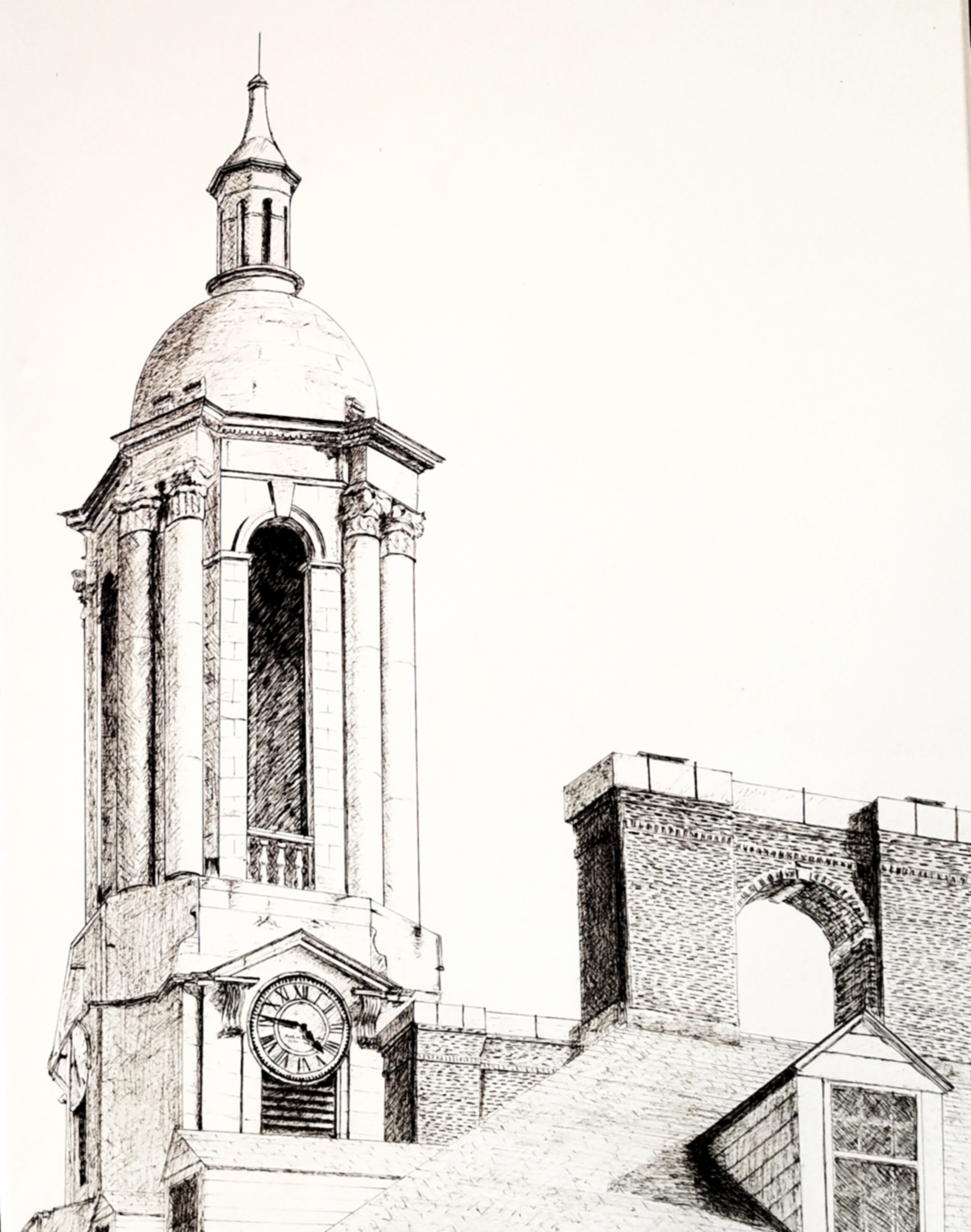 Bell tower of Old Main; pen and ink; 2017