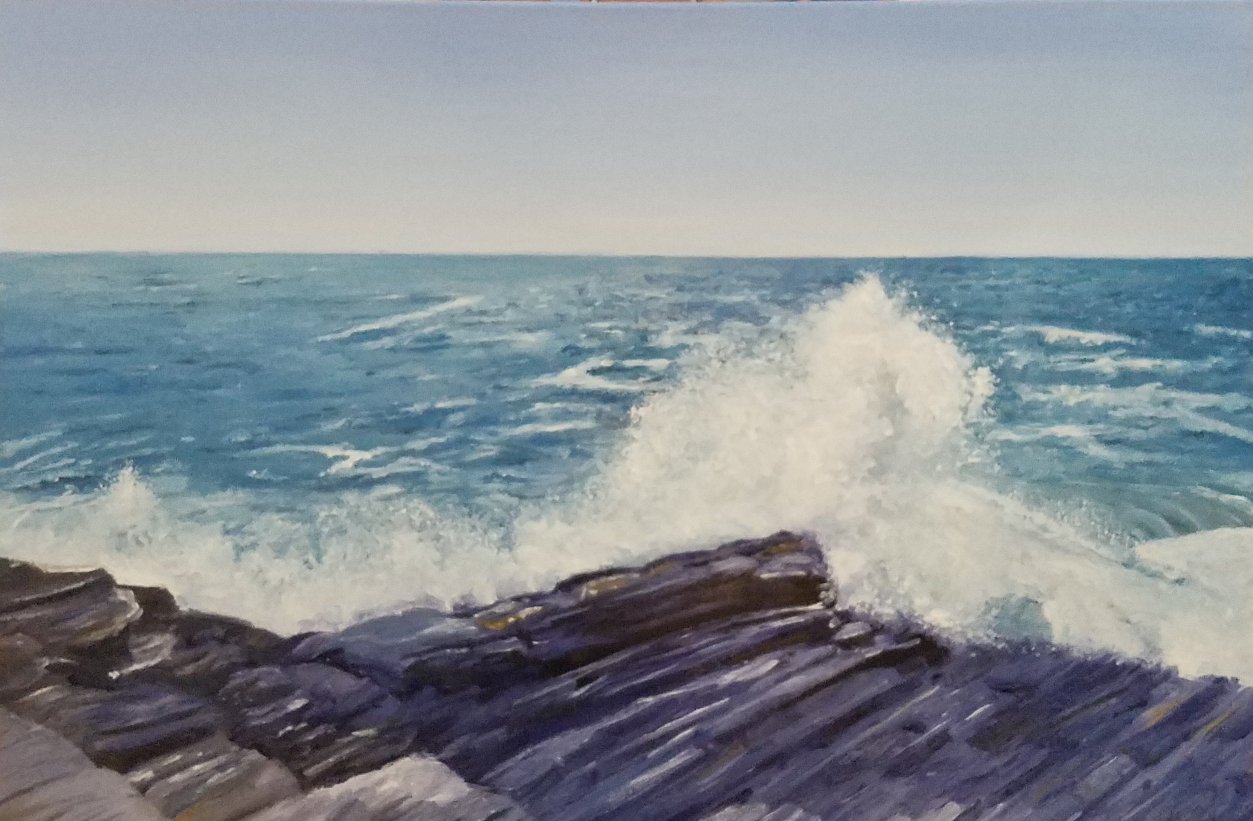 Breaking wave at Pemaquid Point; oil on canvas; 2018