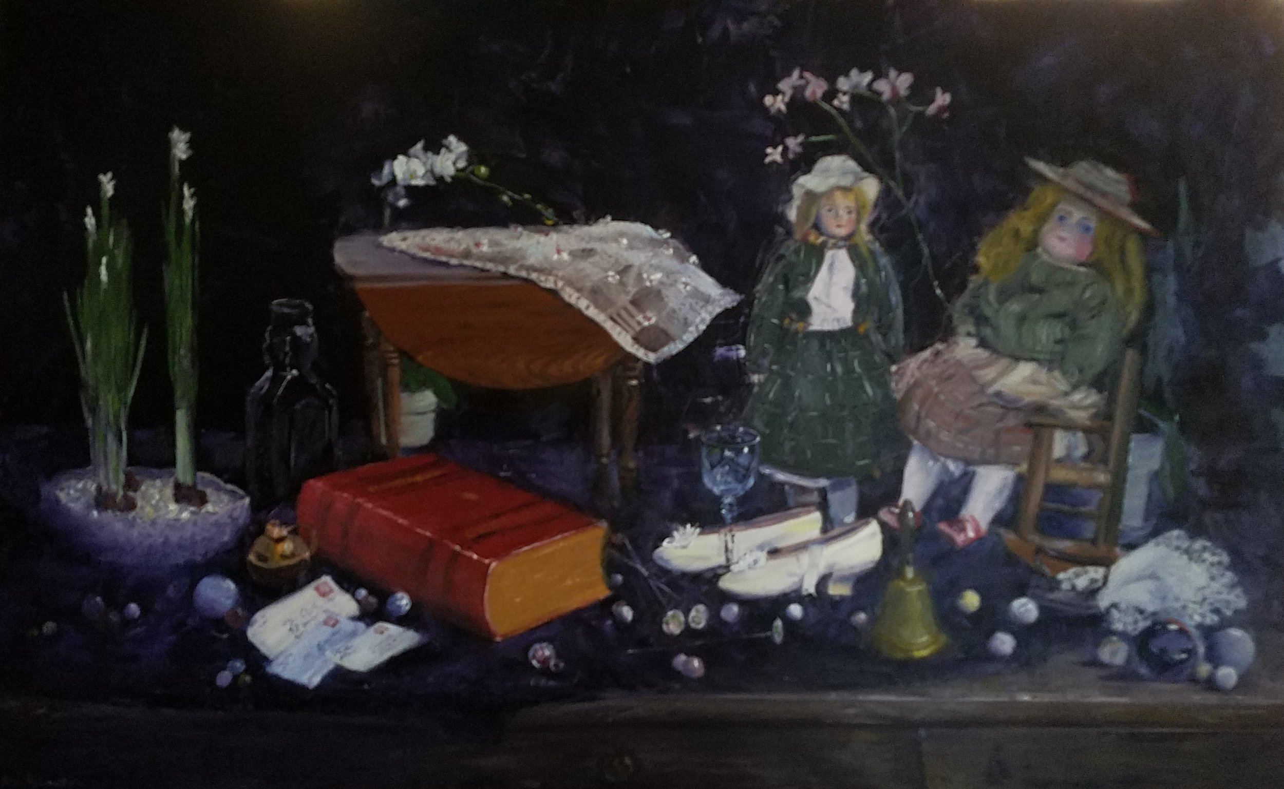 Still life with Marbles and Hatpins; oil on canvas; 30" x 48"; 2018