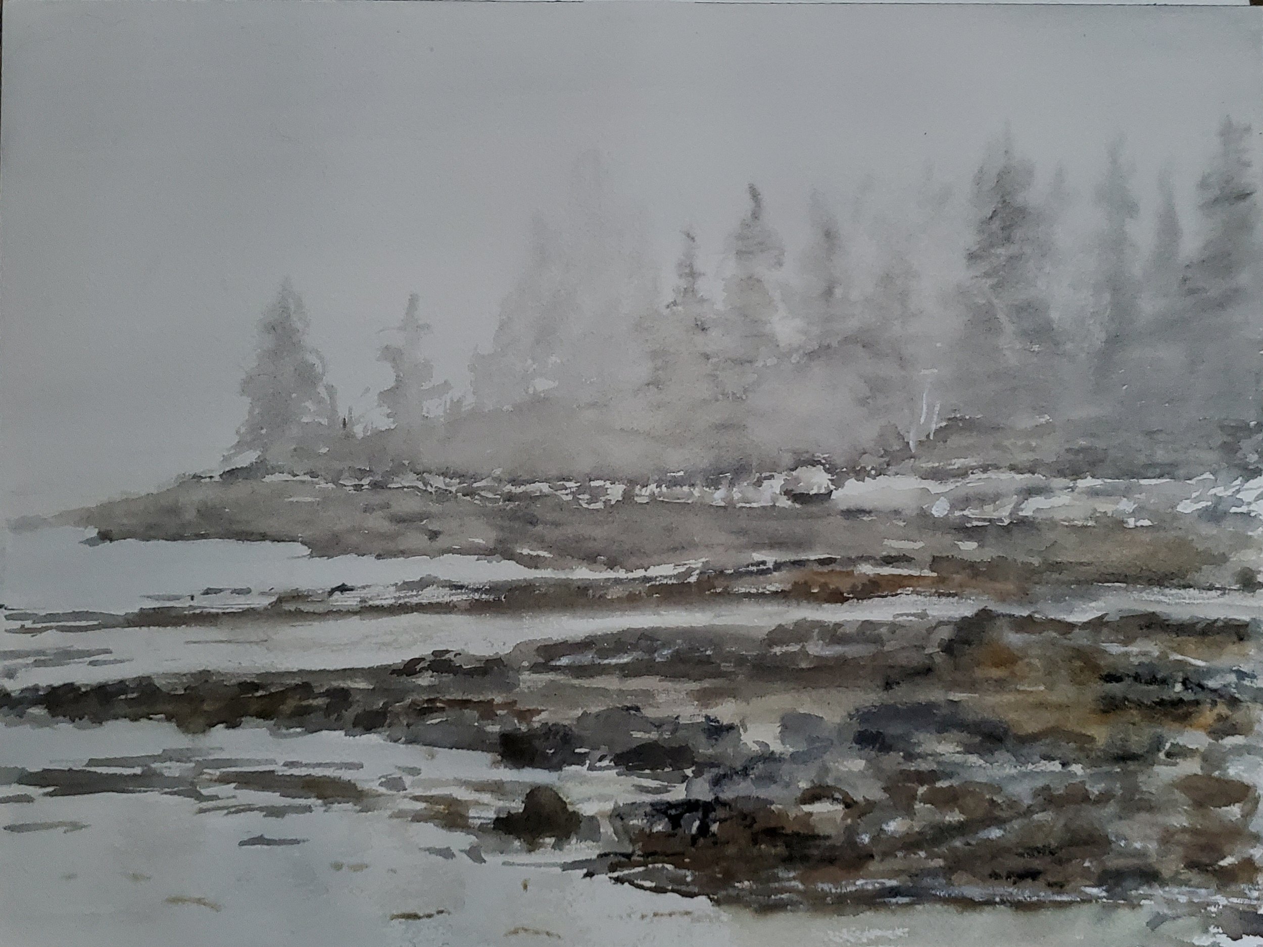 Fog on the Coast of Maine; watercolor; 2019