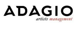 Adagio Artists Management logo with black text and red italic text on a white background
