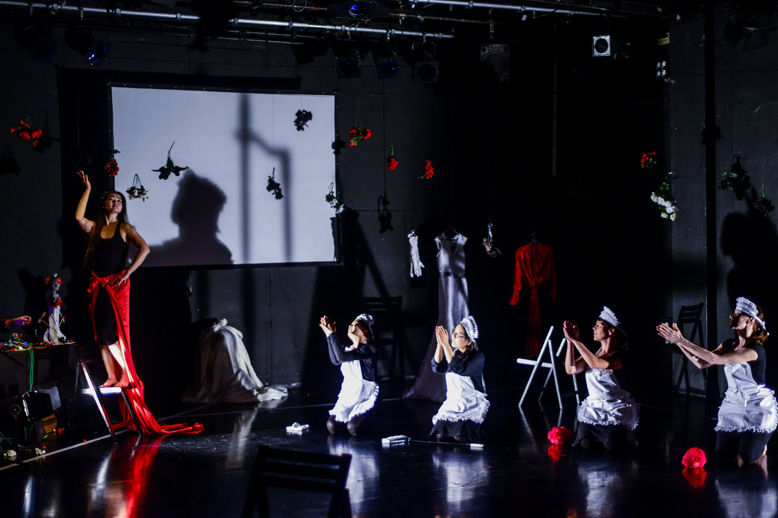 Madame (Jing Hong Okorn-Kuo) with her four maids (Jeungsook Yoo, Sunhee Kim, Regina Crowley, Bernadette Cronin)