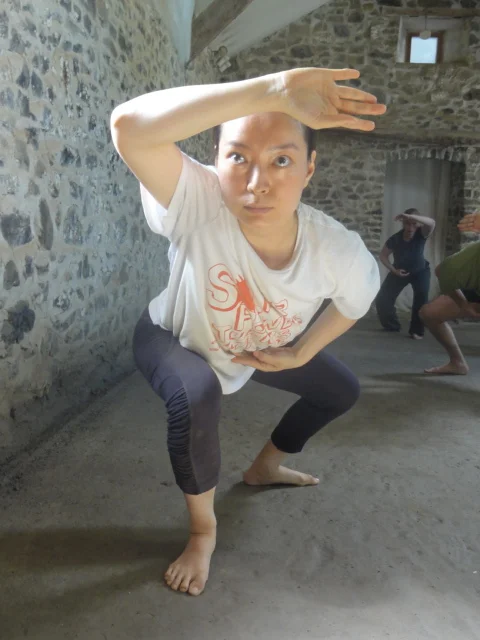 Jeungsook Yoo practicing kalari tanjam steps/forms at the Tyn y parc studio/kalari, West Wales..