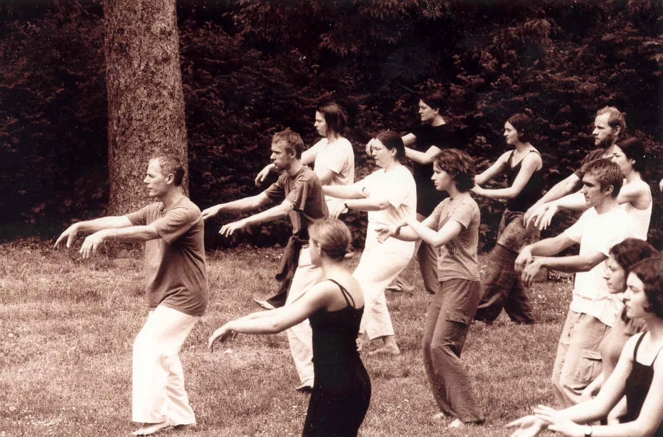 Zarrilli leads taiqiuan training outdoors at Gardzienice Theatre Association.