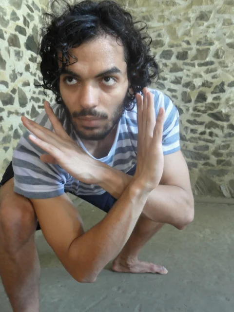 Hans Wolfgram training at the Tyn y parc Kalari/Studio. The lion pose