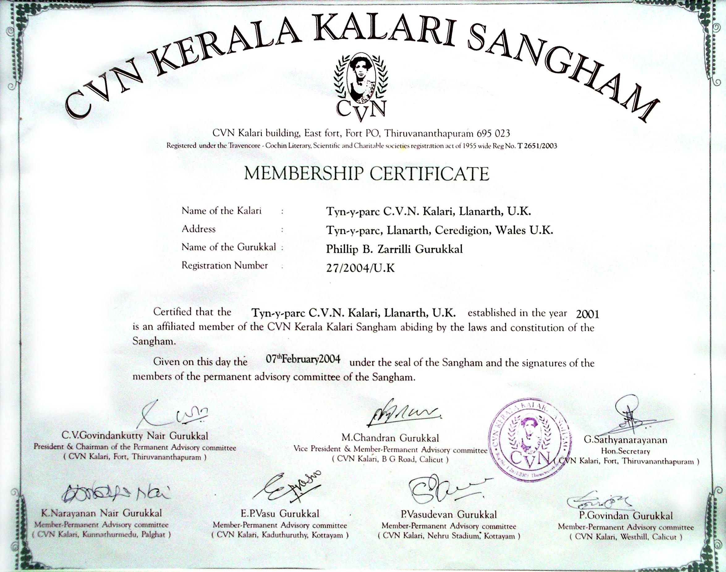Zarrilli was the first non-Malayali to be gifted a pitham representing master/'gurukkal' status, and the Tyn y parc CVN Kalari was the first kalari to be officially certified by the CVN Kerala Kalari Sangham outside of Kerala, India.