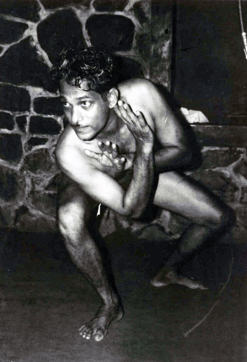 Gurukkal Govindankutty Nayar: photo from 1976 in the CVN Kalari, Thiruvananthapuram. The Lion Pose. Phillip Zarrilli's primary teacher.