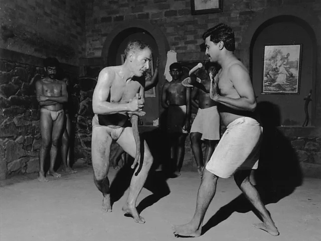 Above and photos below: Phillip Zarrilli and Rajashekaran Nayar practicing otta at the CVN Kalari, Thiruvananthapuram, 1993.