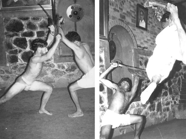 Left: Phillip Zarrilli's early training (1977) in sword and shield with Gurukkal Govindankutty Nayar. Right: Rajashekaran Nayar and Gurukkal Govindankutty Nayar, 1977.