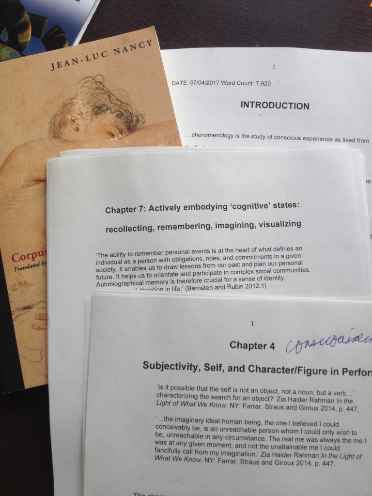 At work on (toward a phenomenology of acting)... reading Jean Luc Nancy, working between the Introduction and several other chapters-in-formation....
