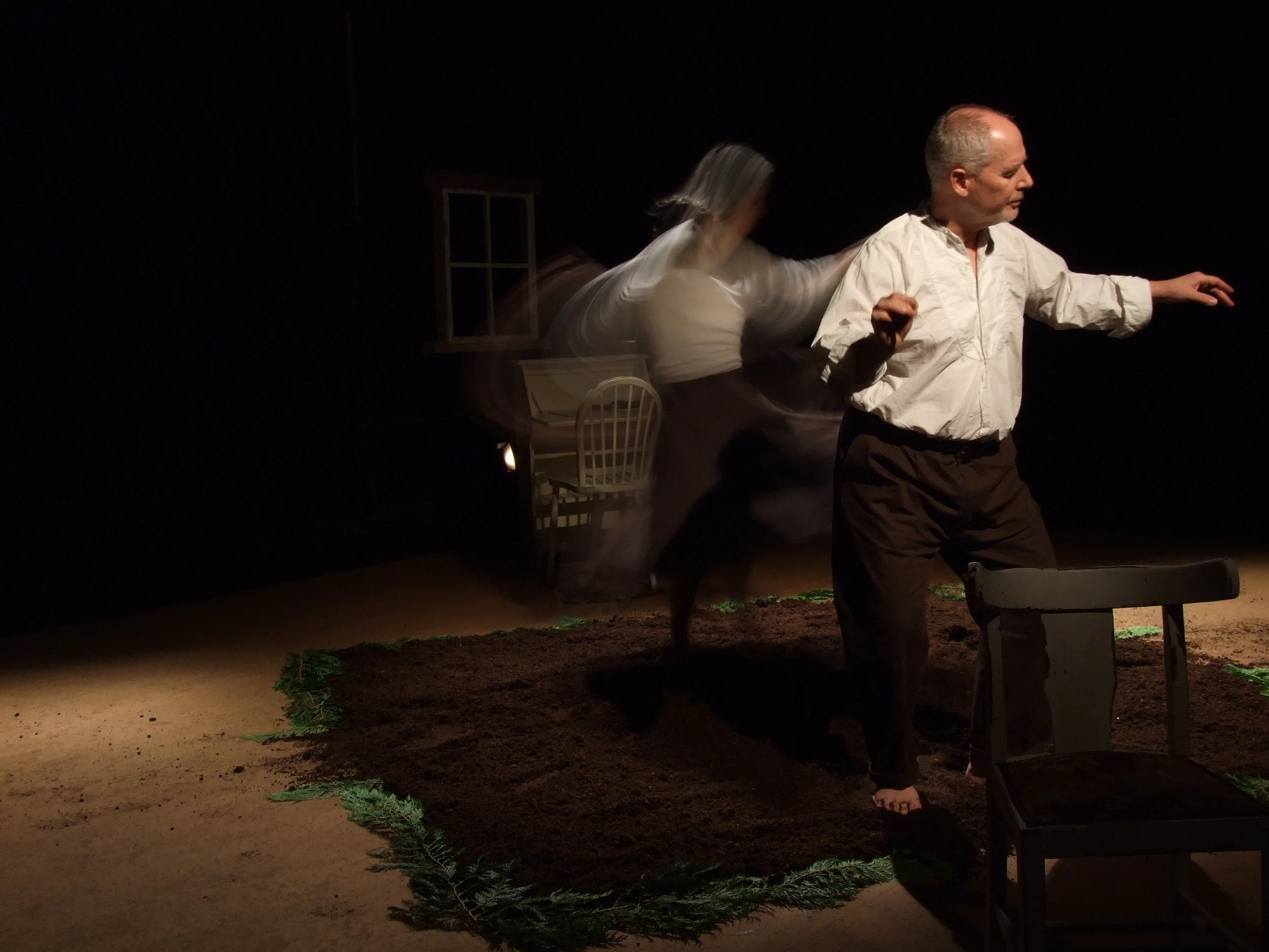 …at and then inside a threshold: two figures…two lives…multiple time spaces… During the performance of Told by the Wind Female and Male Figure never once look directly to one another