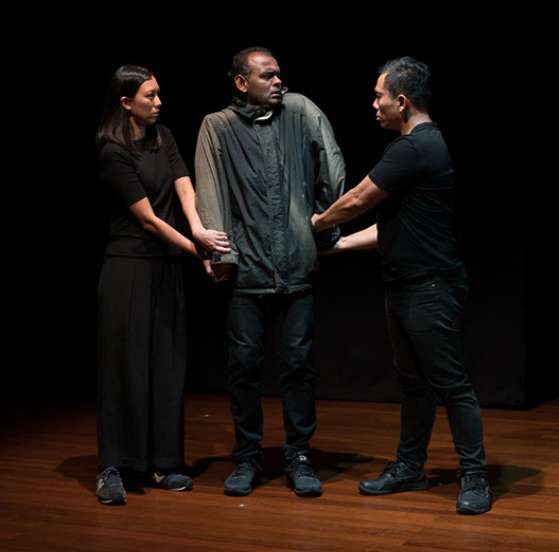 Above: Grace Khoo, Ramesh Meyyappan and Peter Sau in ‘Don’t Steal my Voice’ from AND SUDDENLY I DISAPPEAR by Kaite O’Reilly (Singapore performance).