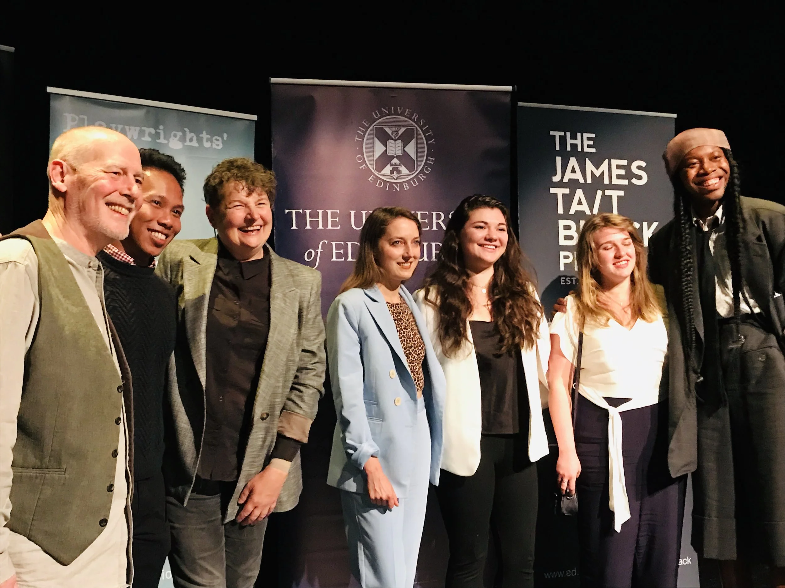 Phillip Zarrilli and Kaite O’Reilly, along with Clare Barron (middle/blue) and James O. Harris (far right) with some of the MA playwriting students from Edinburgh University at the ceremony on 19th August.