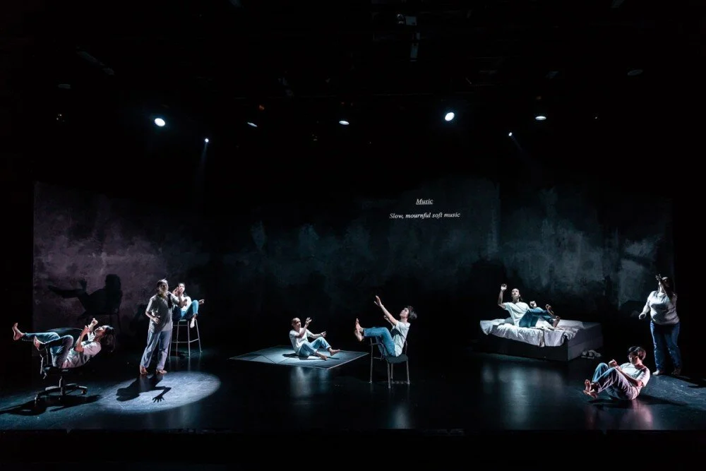 Epilogue…movement sequence at the conclusion of Lie With Me: full cast of eight on-stage. Photo by Bernie Ng. Permission of ITI (Singapore)