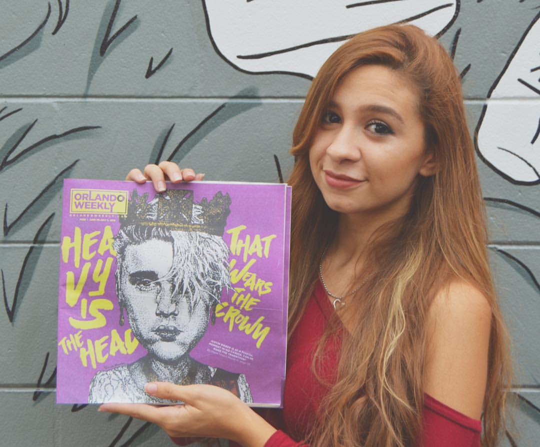 Samantha Shumaker with the "God Save Justin Bieber" illustration