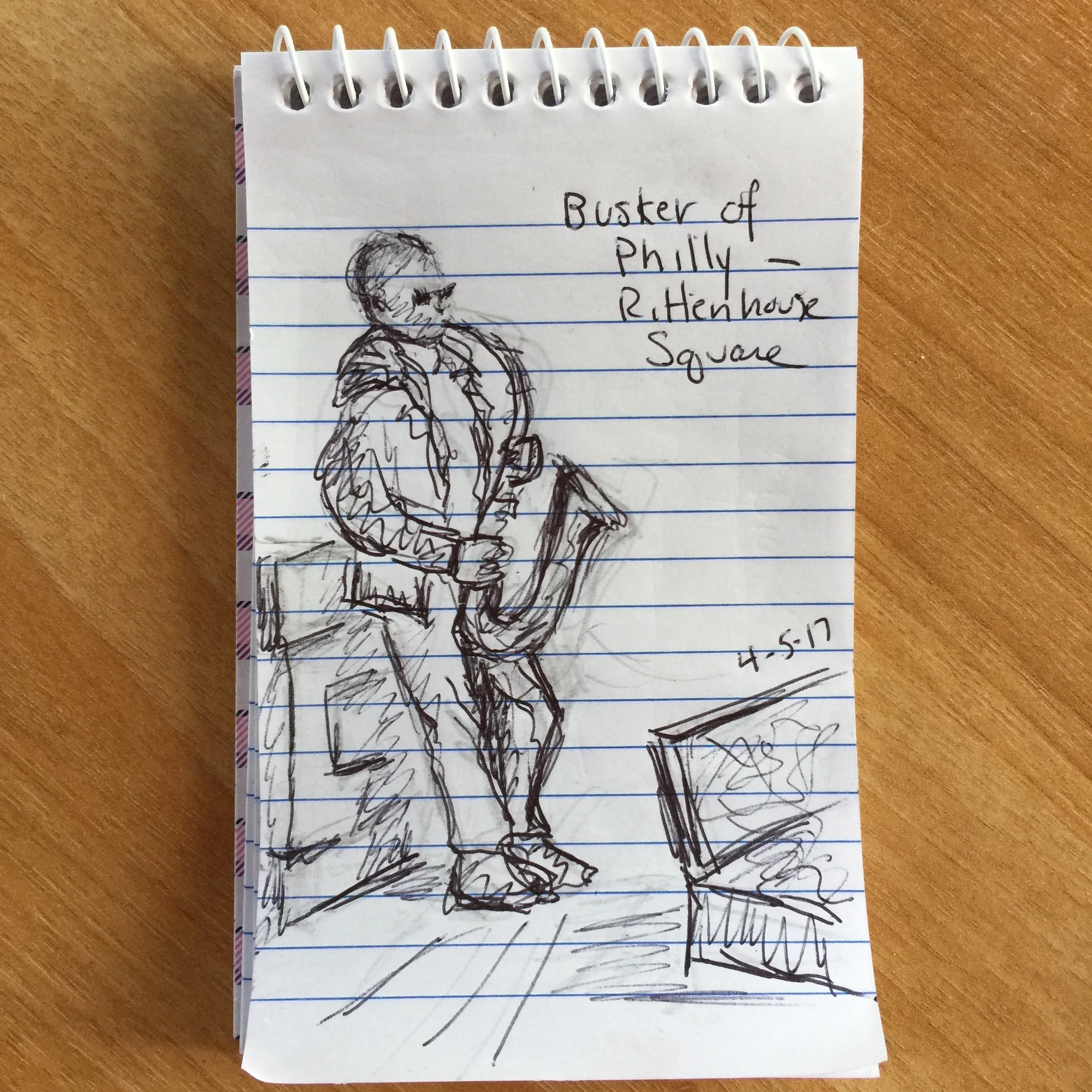 "Busker of Philly"—Rittenhouse Square." Ballpoint pen on notepad, Philadelphia, PA. 4-5-2017,