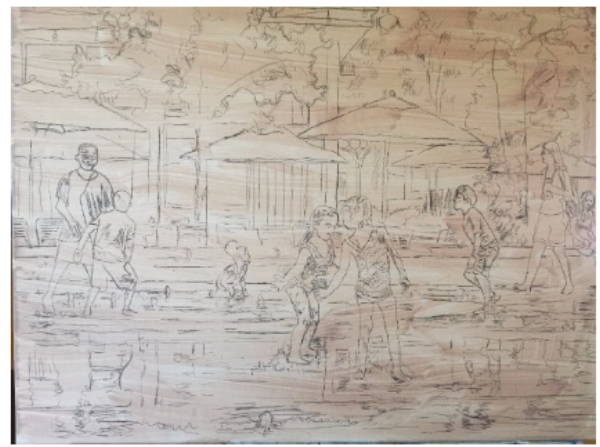 "Dilworth Splash," pencil sketch on canvas, 18x24, work in progress