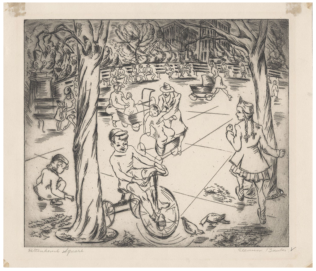 "Rittenhouse Square" (etching) by Eleanor Banks from the Free Library of Philadelphia's Print and Picture Collection