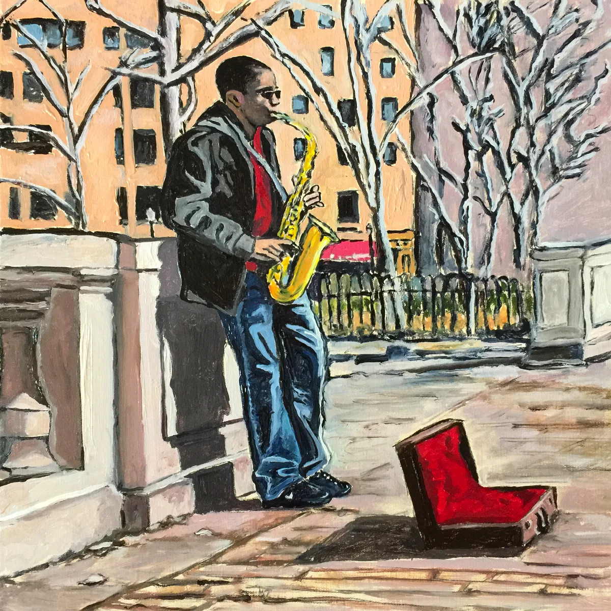 "Music in Rittenhouse Square," 12x12 inch. Oil on Canvas Panel. Photo reference: Jonathan Yu. Saxophone musician, Jamal Hall.