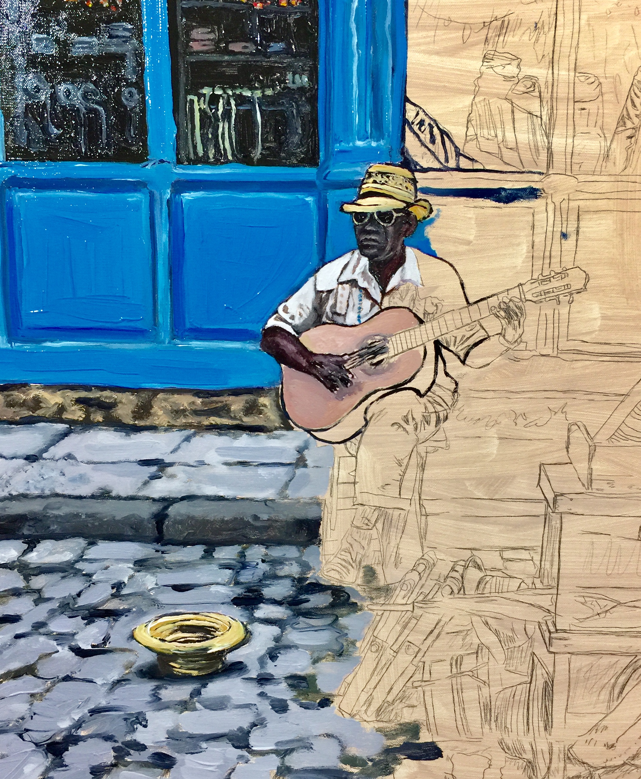 Palette - Old Havana Cuba Merceria Musicians Oil Painting Work in Progresss