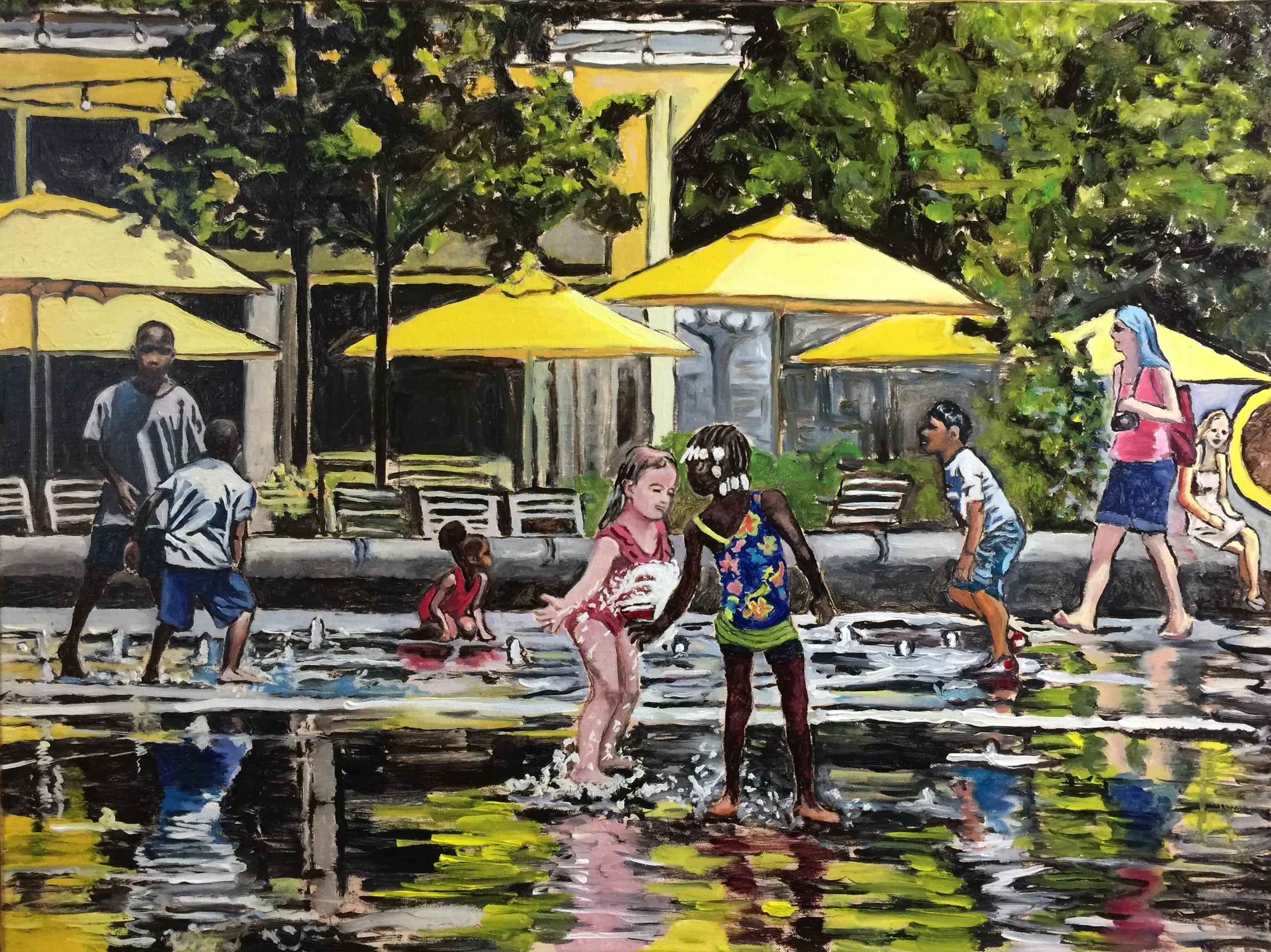 Philadelphia Street Scene - Dilworth Park - "Dilworth Splash" - 18x24 inches. Oil on Stretched Canvas.