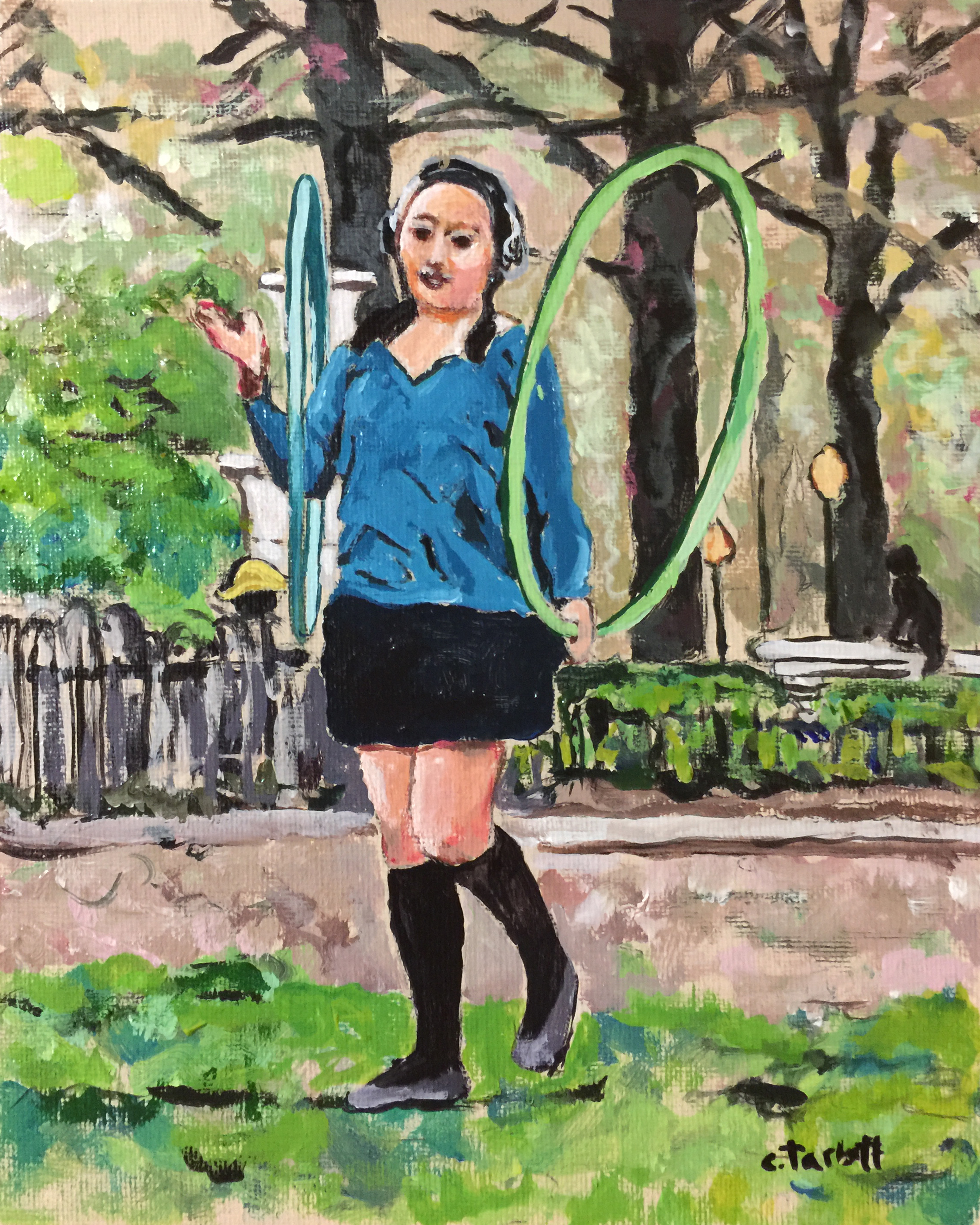 Philadelphia Street Scene - Rittenhouse Square Park - "Hooping at Rittenhouse Square" - 8x10 inches. Acrylic on Canvas Panel.