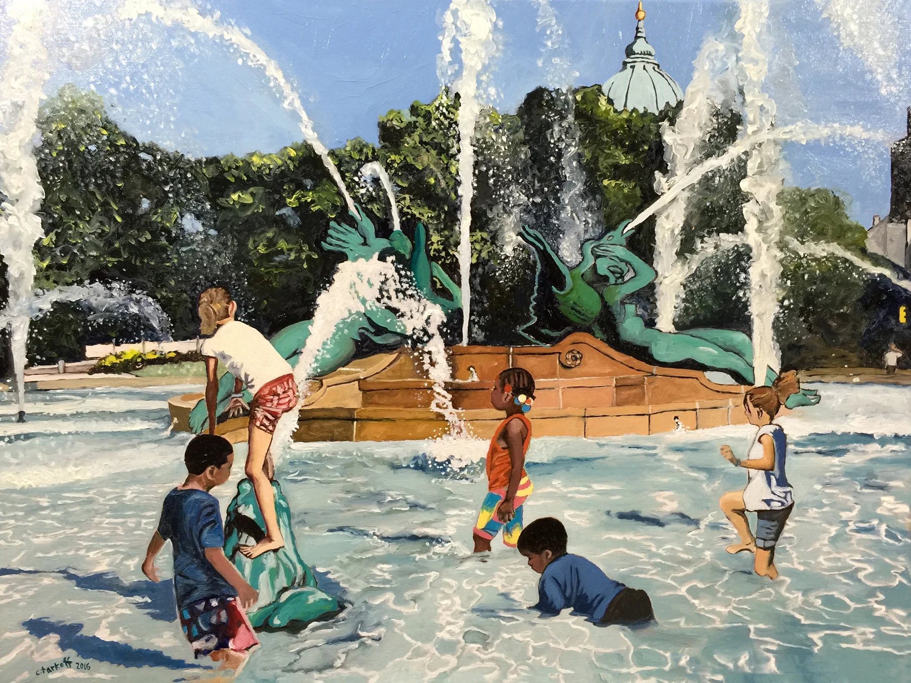 Philadelphia Street Scene - Benjamin Franklin Parkway - "Streets of Philadelphia - Summer Fun" - 18x24 inches. Oil on Stretched Canvas.
