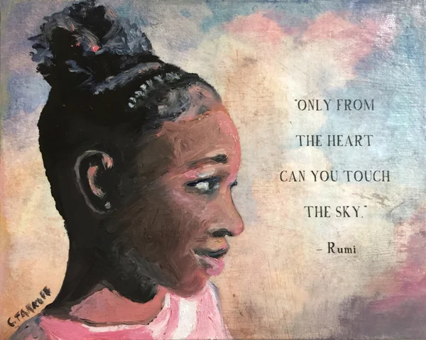 “Tania.” 8x10 inch. Oil & Collage on Canvas Panel. Poetry Series. Framed and read-to-hang.