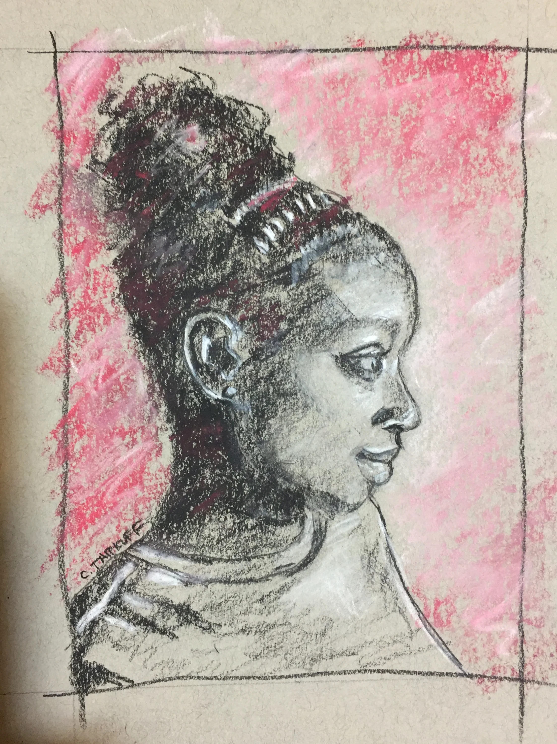 “Study: Tania.” 5x7 inches. Charcoal and soft pastel on Toned Strathmore Paper. Framed and read-to-hang.